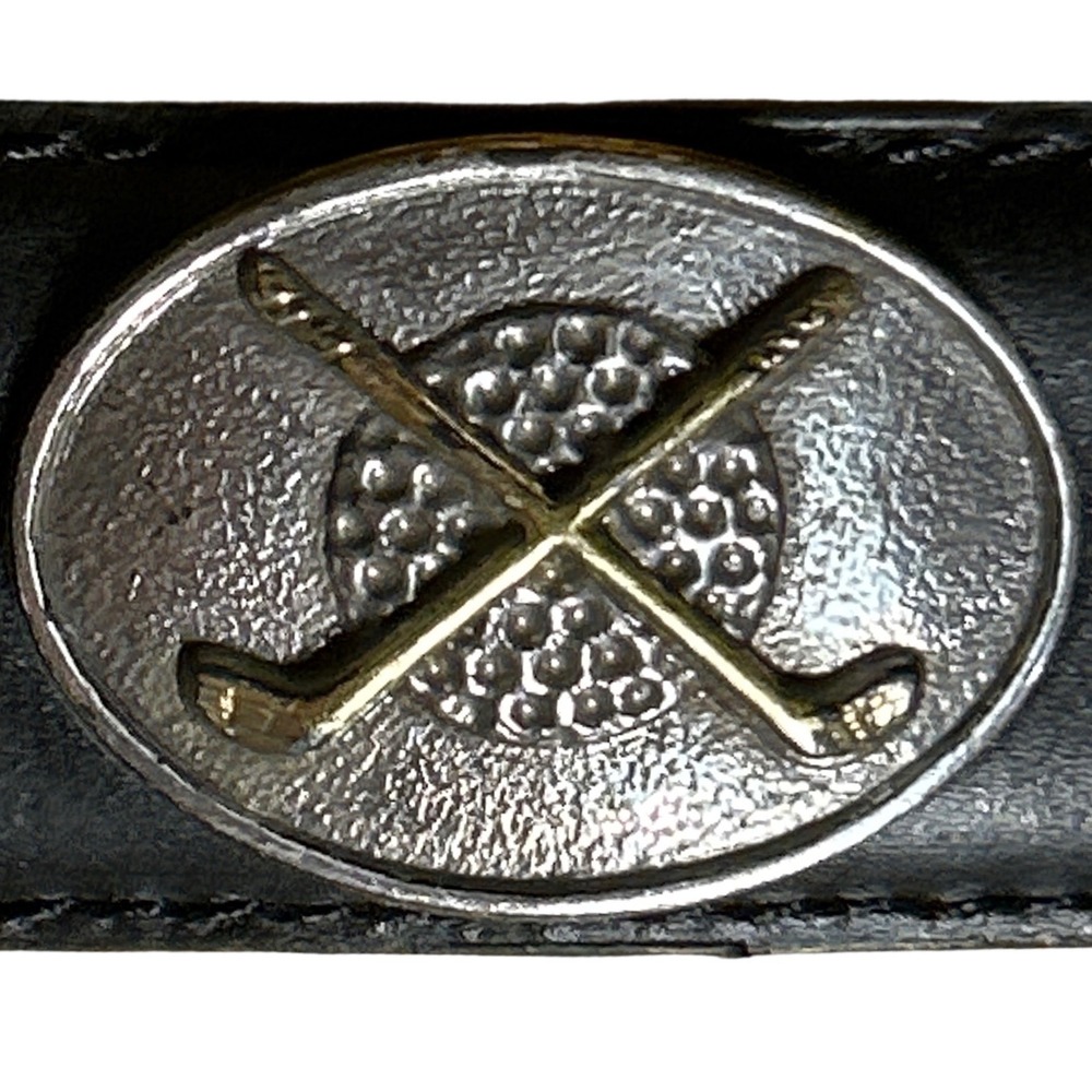 VTG 1996 Crossed Clubs Medallion Golf Theme Leather Belt Black Silver 35"-39"